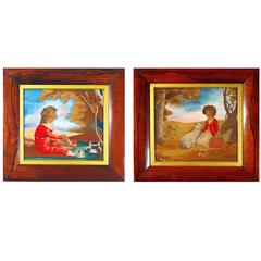 Antique Folk Art Pair of Silk and Wool Pictures of a Brother & Sister, circa 1840