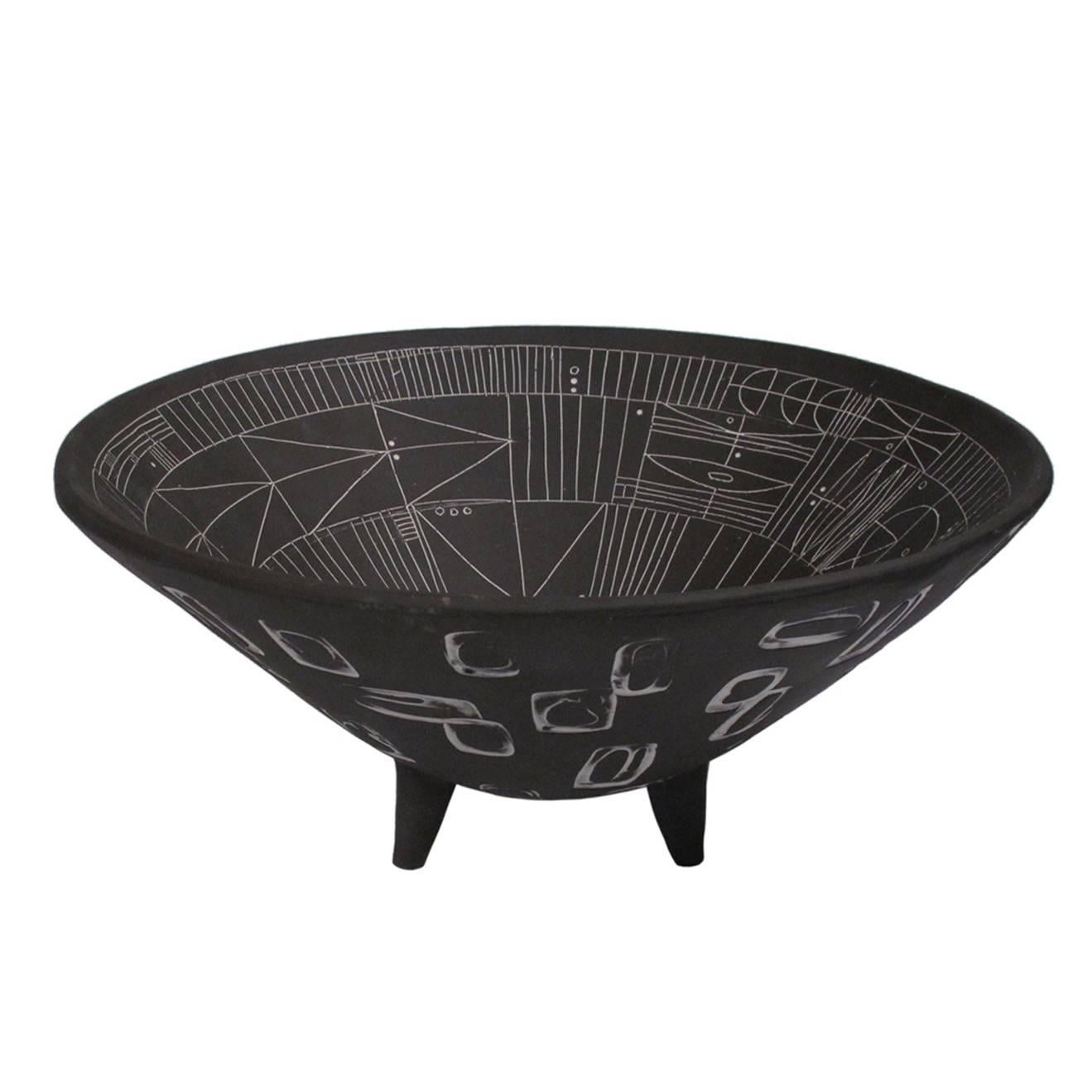 Large Incised Black Ceramic Footed Bowl For Sale