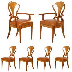 Vintage Set of Six Art Deco Style Fruitwood and Leather Dining Chairs, 20th Century