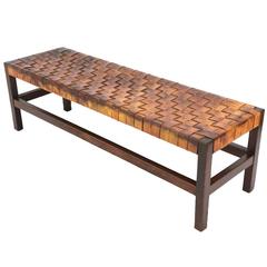 Vintage Patinated Woven Leather Bench