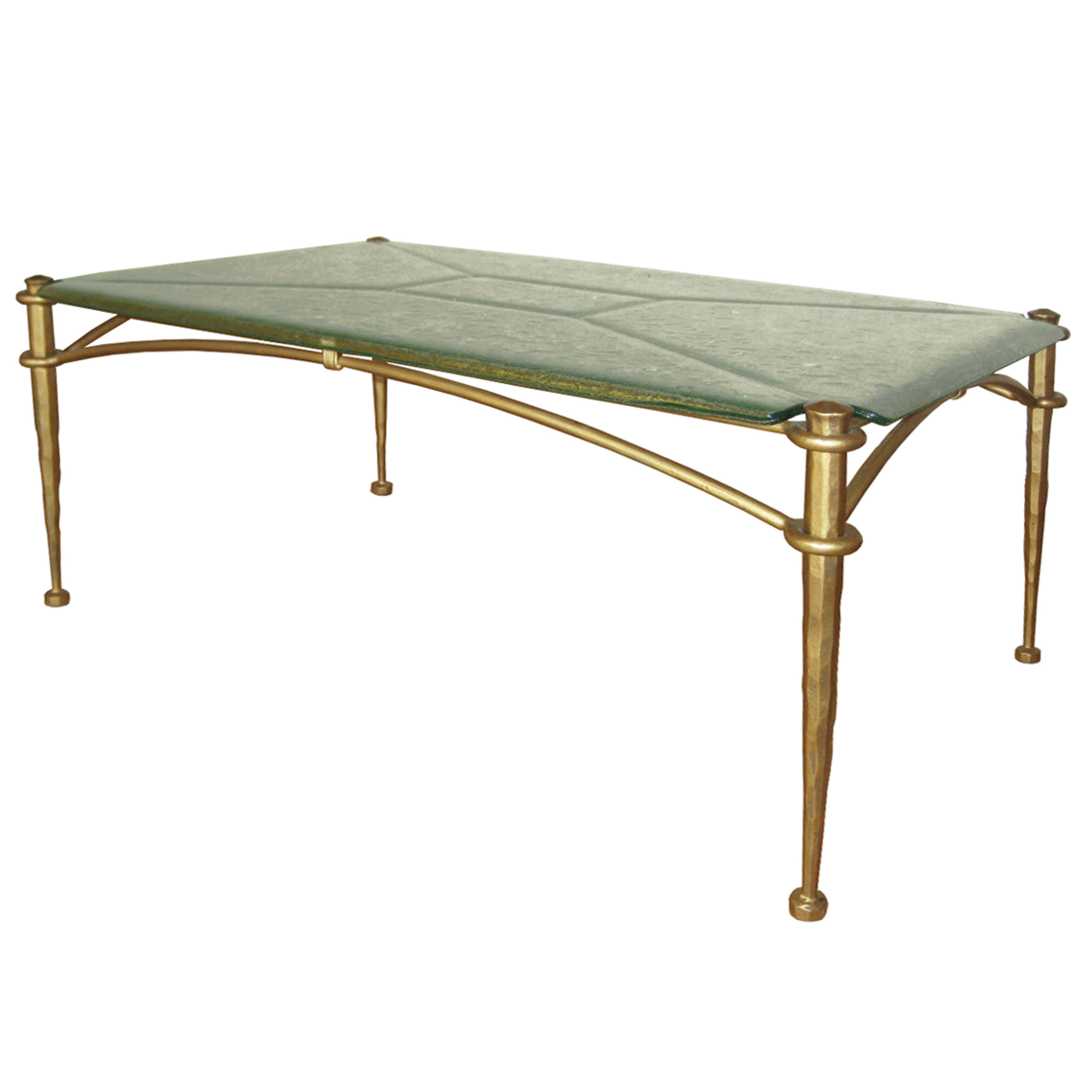 Italian Foraged Bronze and Textured Glass Coffee Table For Sale