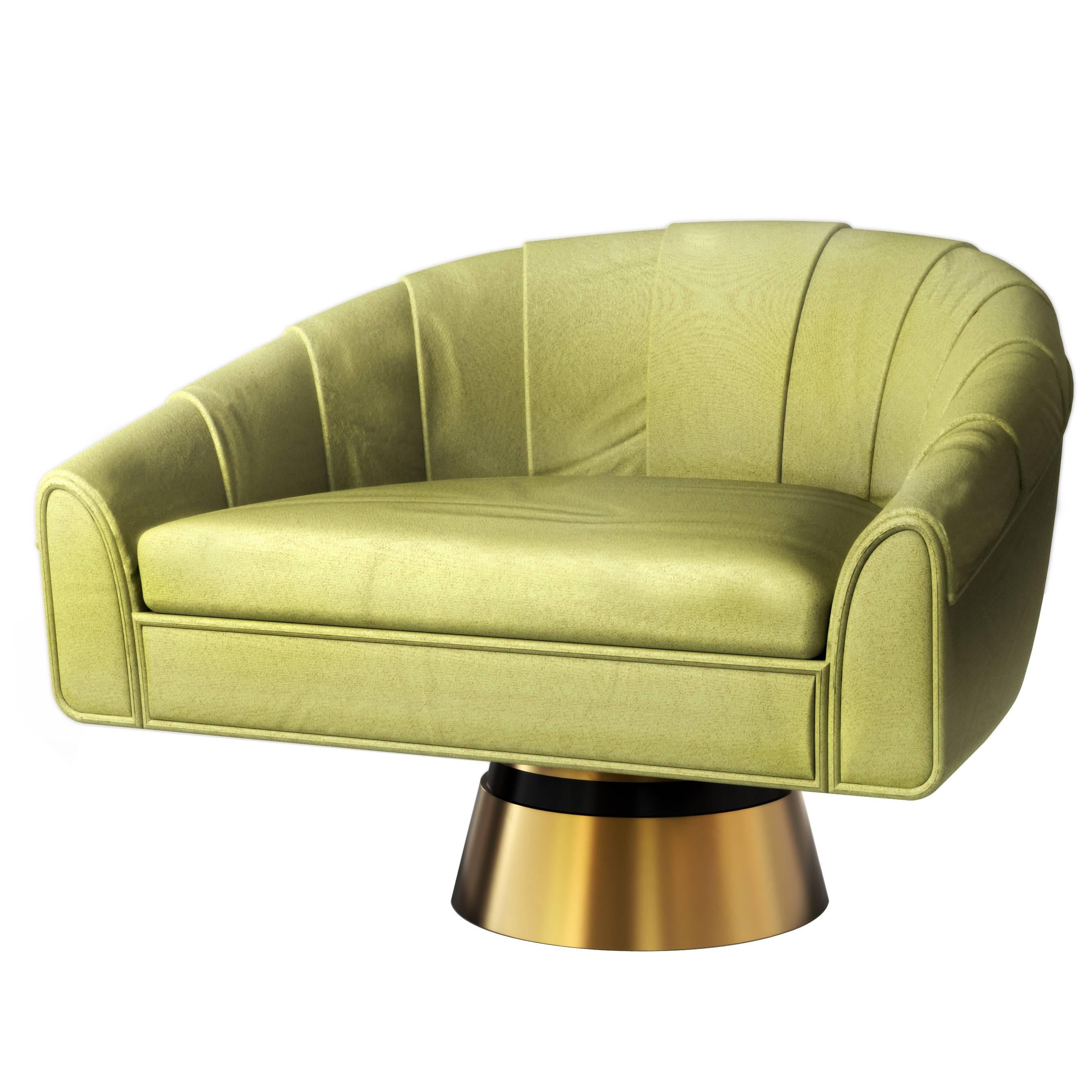 Bogarde Leather and Brass Mid-Century Modern celadon green Rotating Armchair For Sale