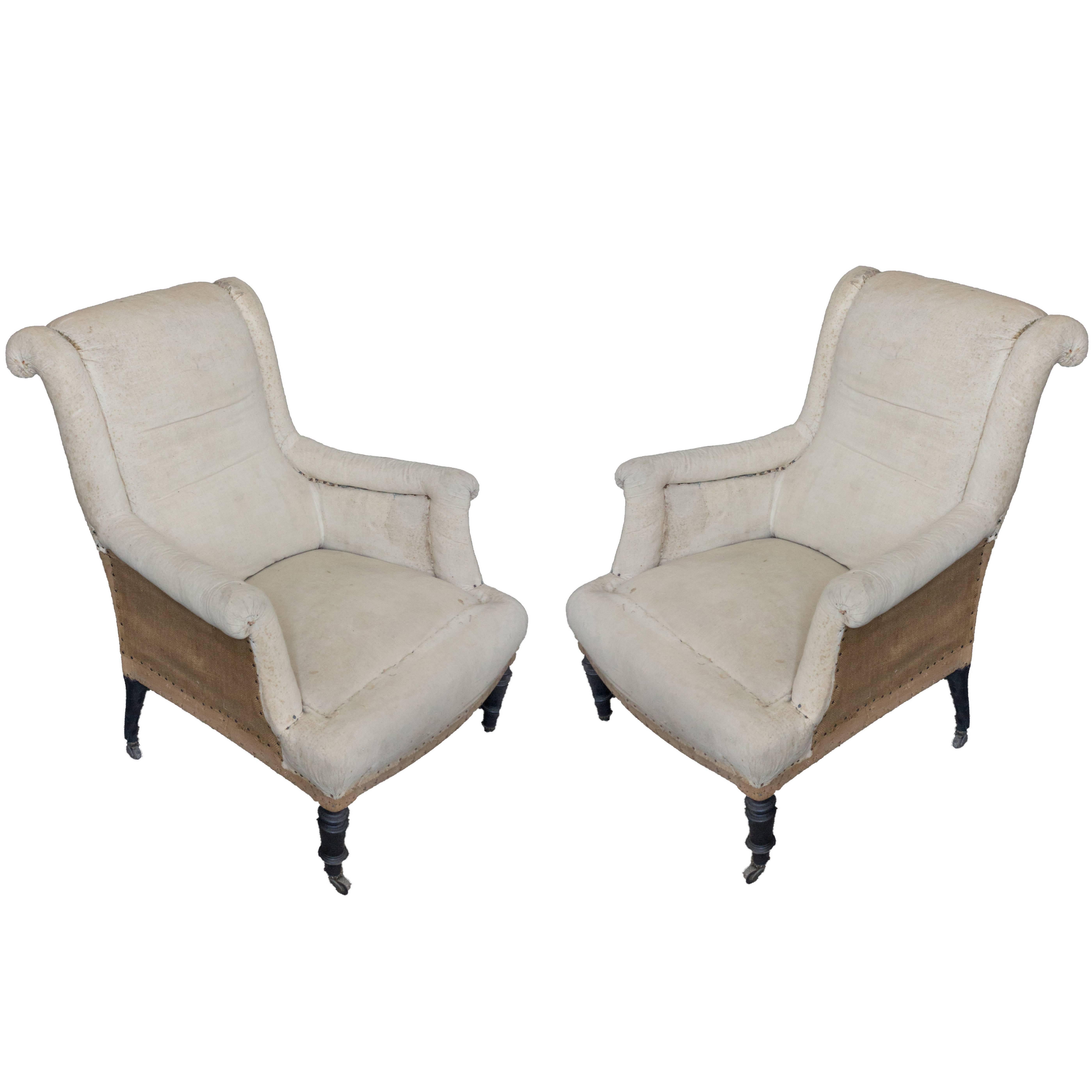 Pair of French 19th Century Napoleon III Scrolled Armchairs