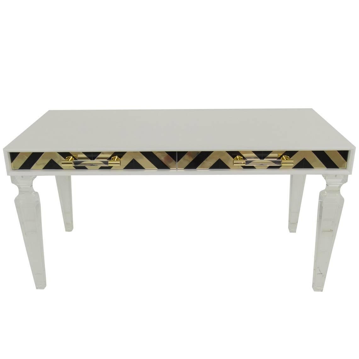 Modern Style Capri Desk in White with Black & Gold Detail and Lucite Legs For Sale