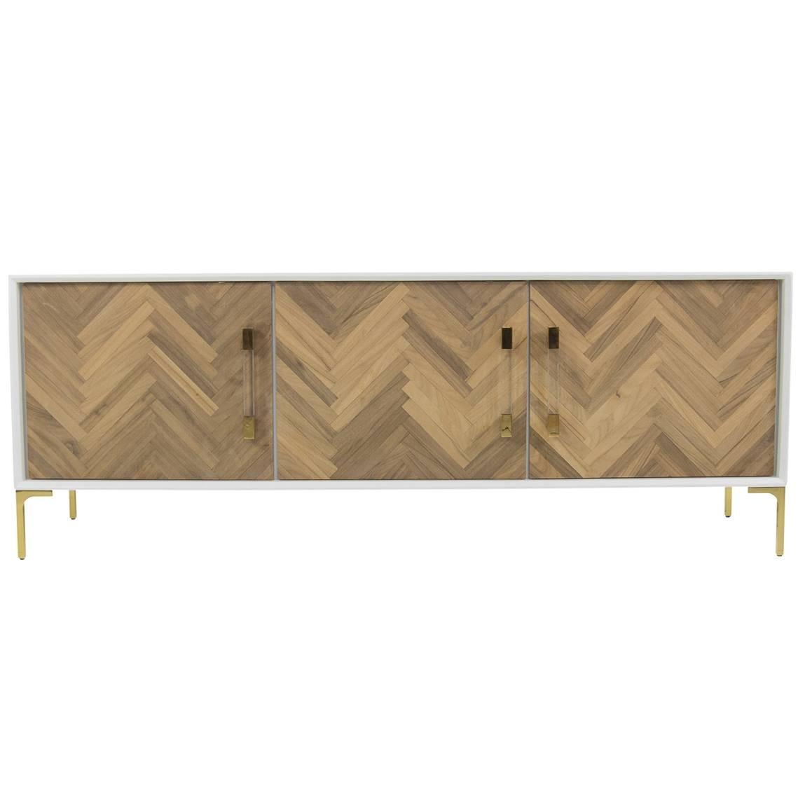 Herringbone Style Amalfi Credenza with White case and Walnut  with Lucite Pulls For Sale