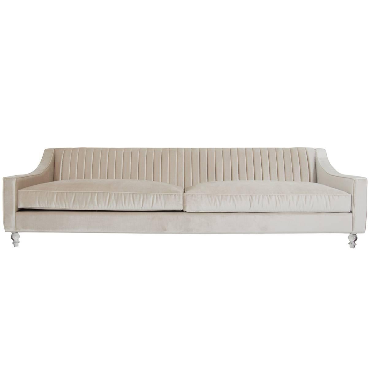 Modern Style Audrey Sofa in Long-Arm Tufted Beige Cashmere Velvet w/ Lucite Legs For Sale
