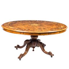 Antique Burr Walnut Marquetry Oval Loo Table, circa 1860
