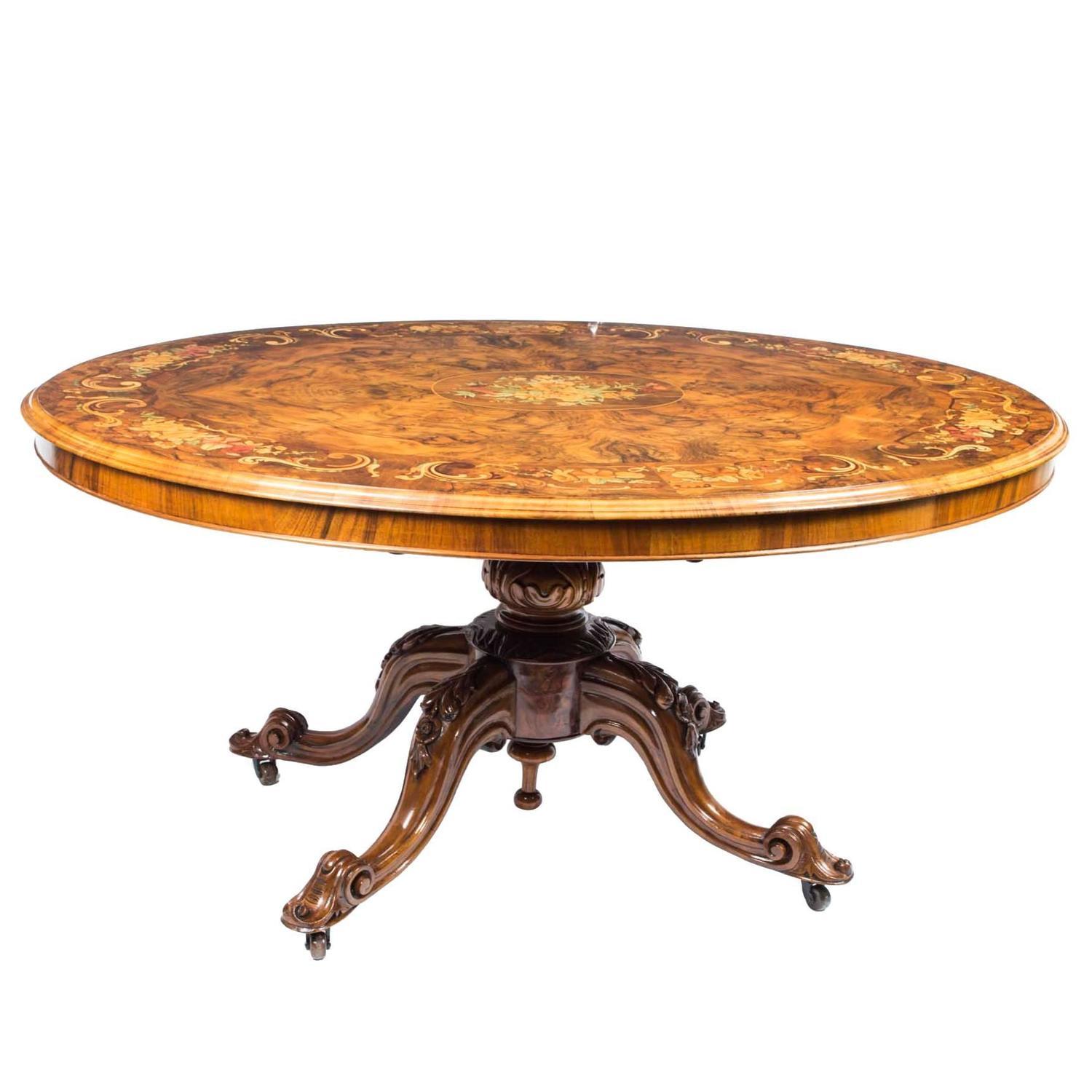 Antique Burr Walnut Marquetry Oval Loo Table, circa 1860 For Sale at