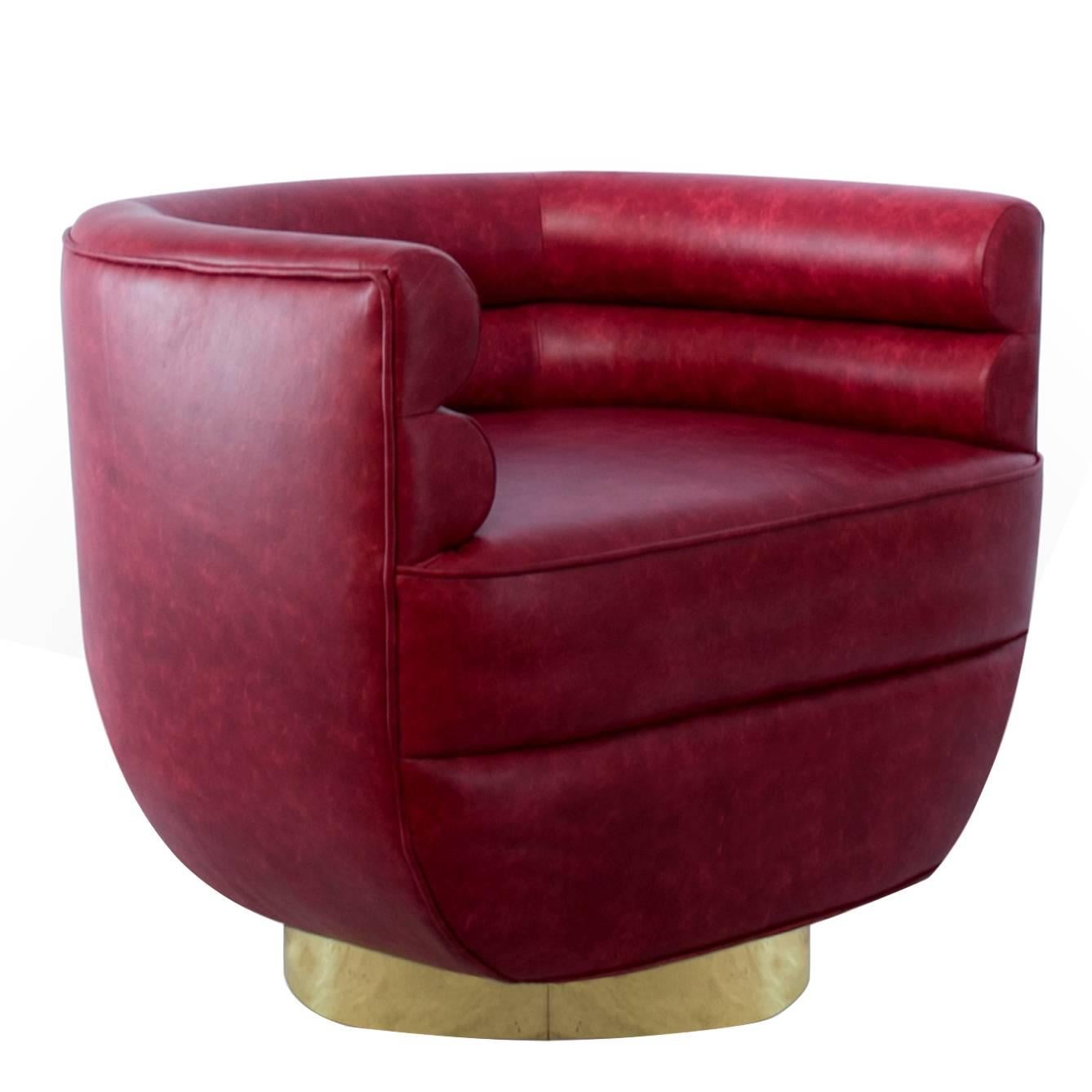 Color Lounge Armchair Genuine Leather and Brass For Sale