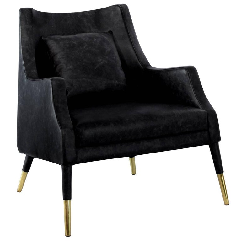 Black Lounge Armchair Brass and Fabric For Sale at 1stdibs