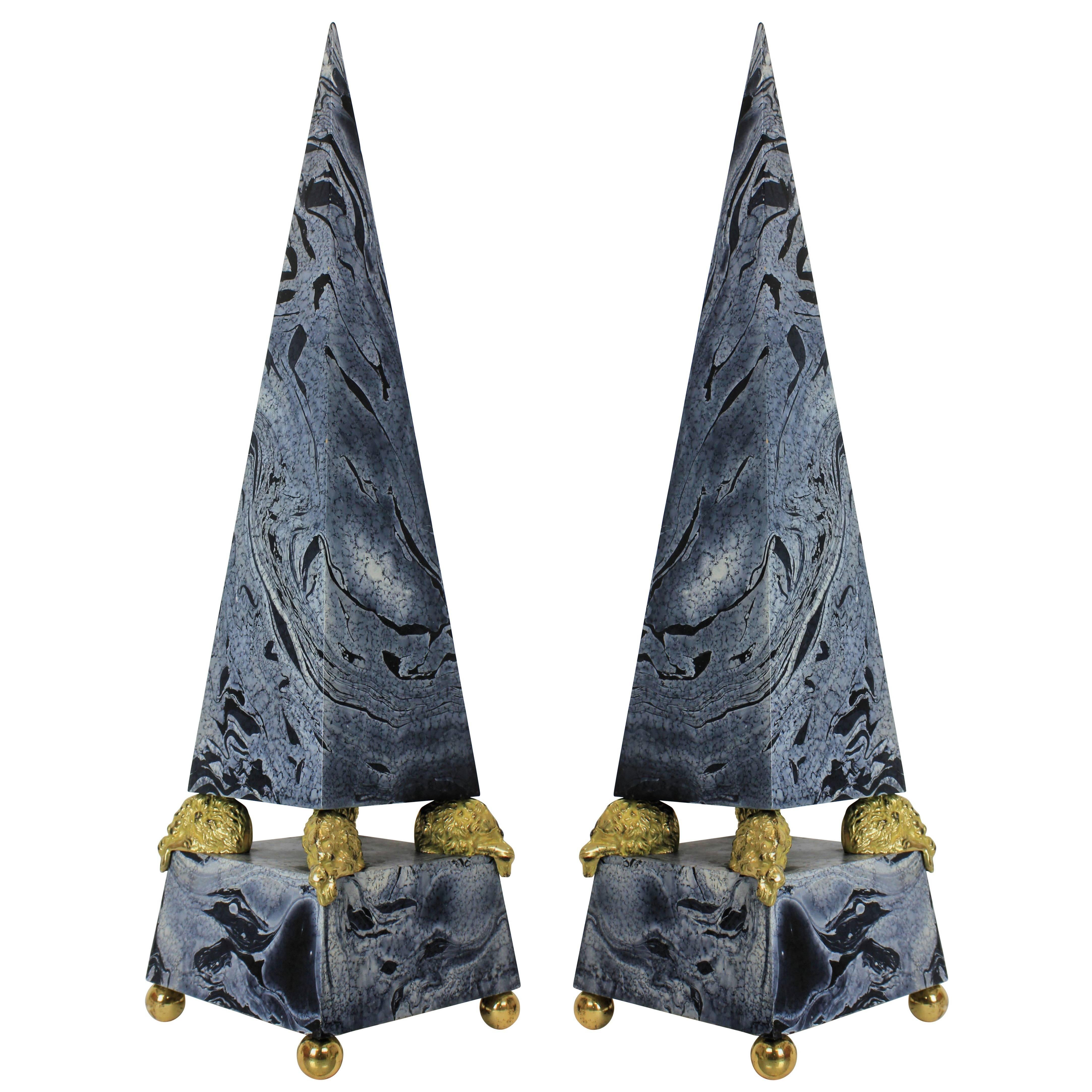 Pair of Large Faux Marble and Gilt Bronze Obelisks