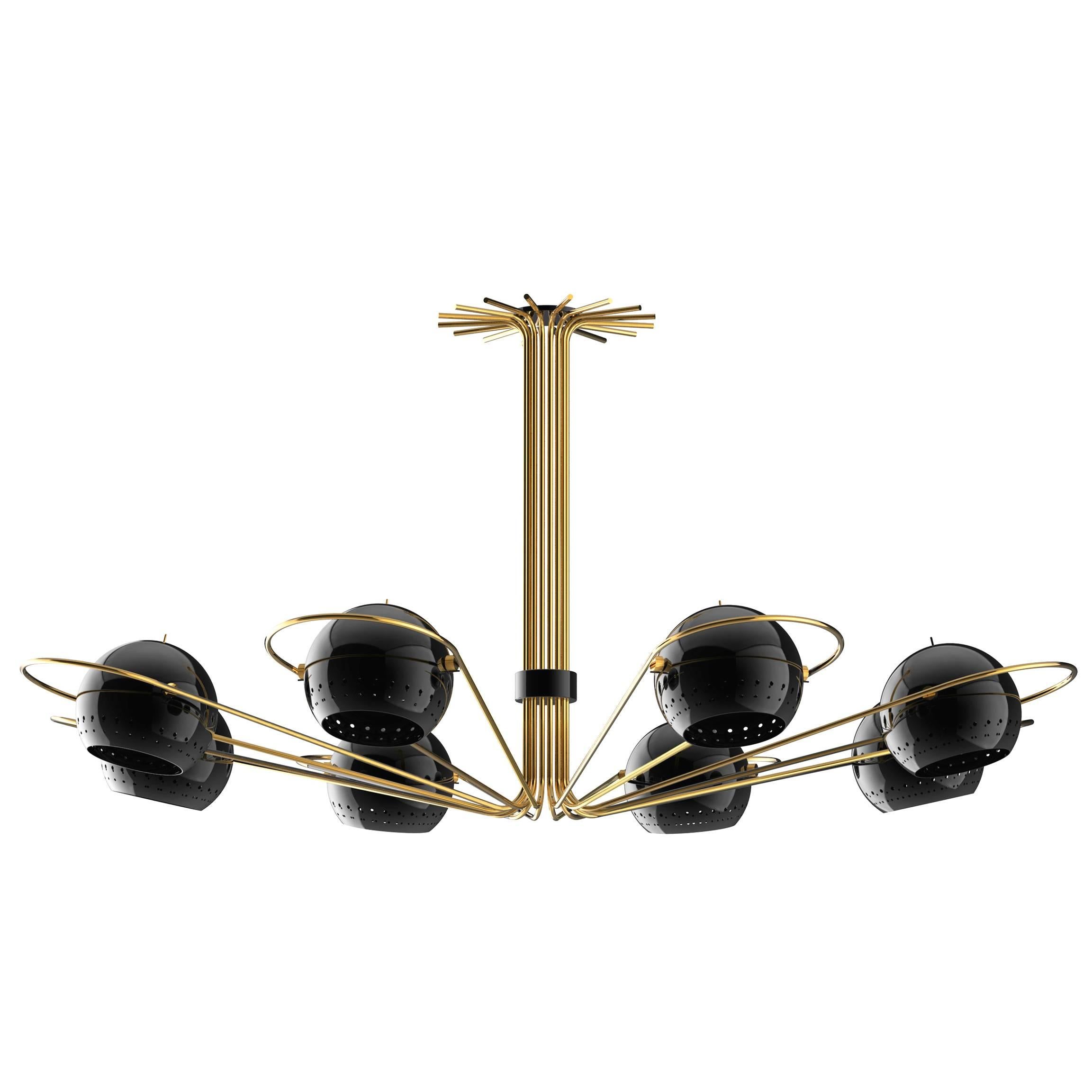 Black Ball Lights Chandelier Polished Brass and Steel