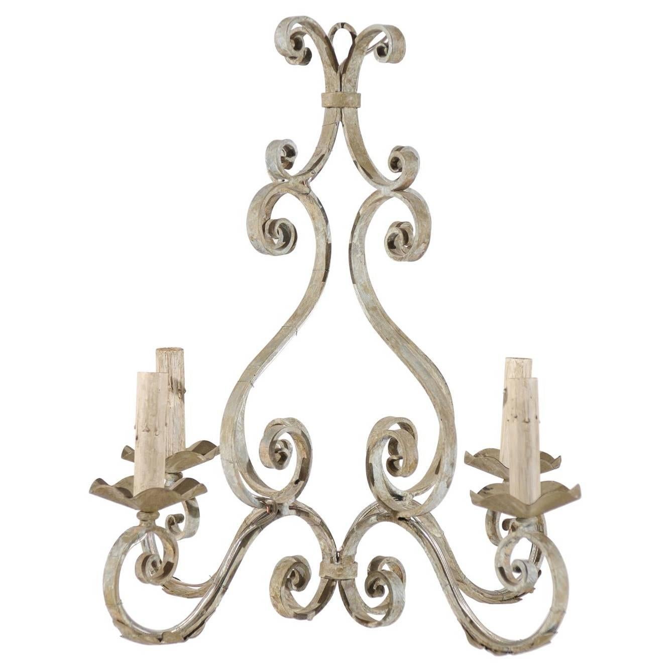 French Four-Light Painted Iron Chandelier with Scroll Motifs For Sale