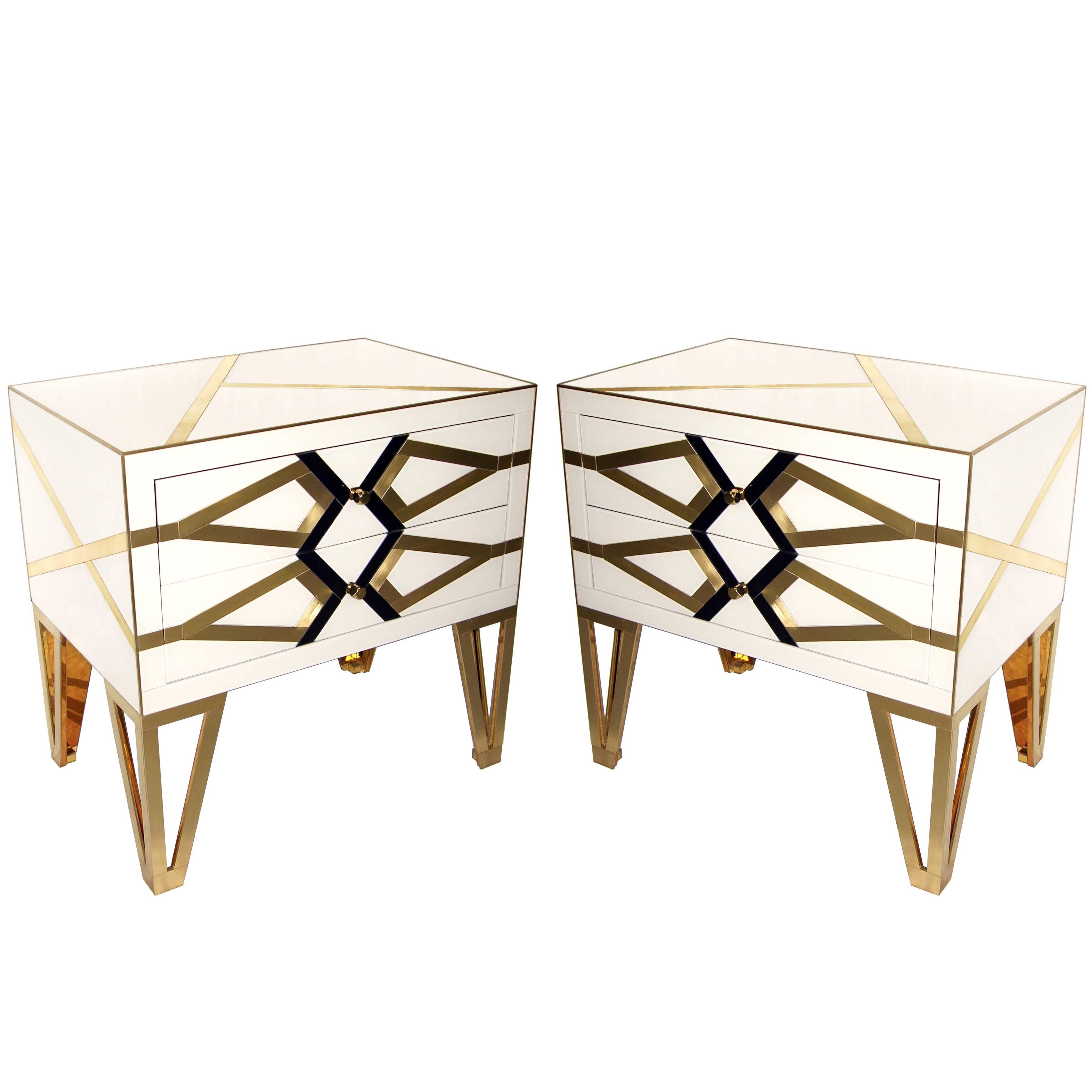Contemporary Pair of Italian Abstract Gold Black and White Chests / Side Tables