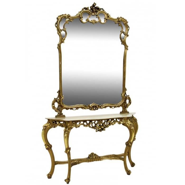French Giltwood Console and Mirror with Marble Top