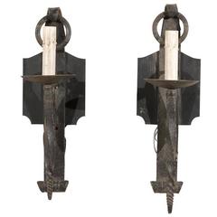 Pair of French Vintage Iron Sconces with Scrolled Backplate