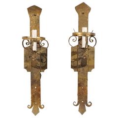 Pair of French Sconces Made of Hammered Metal with Gold Painted Finish