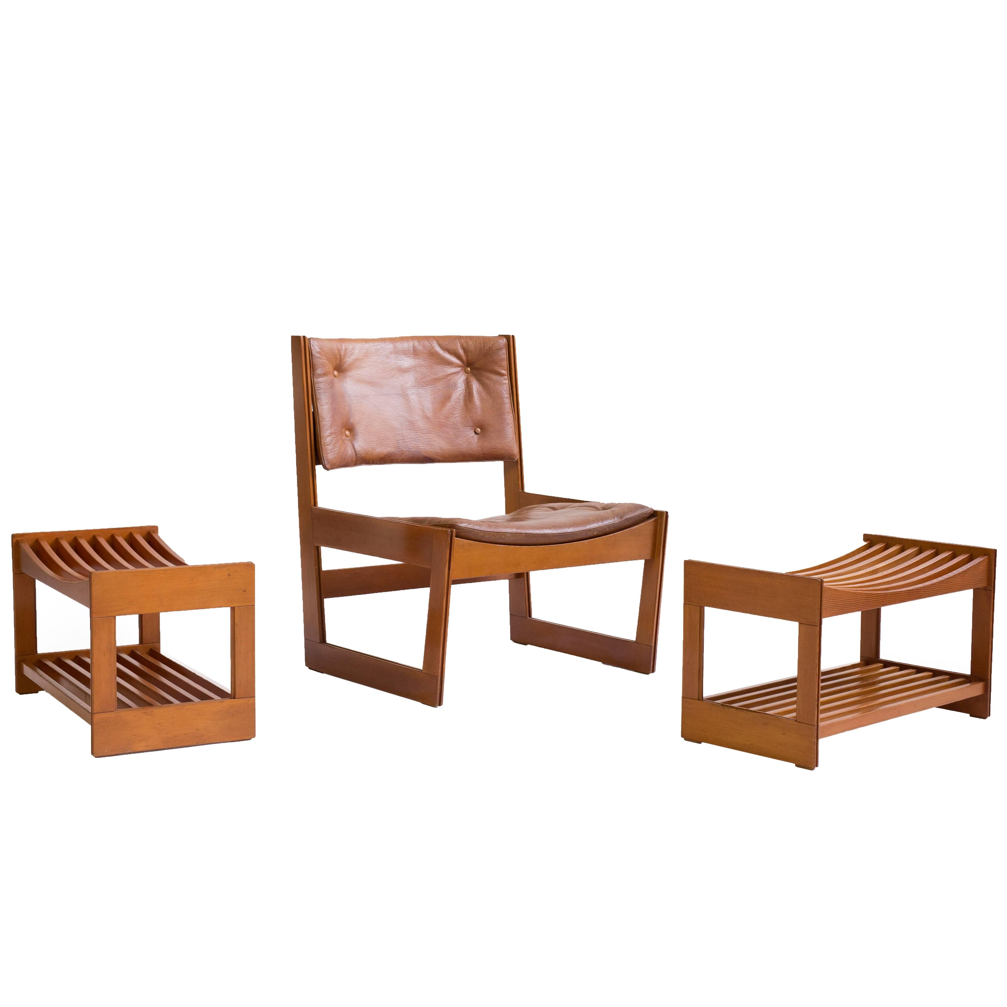 Grete Jalk Oregon Pine Easy chair with stools, 1963