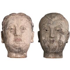 Pair of Antique Chinese Stucco Heads with Glass Inset Eyes