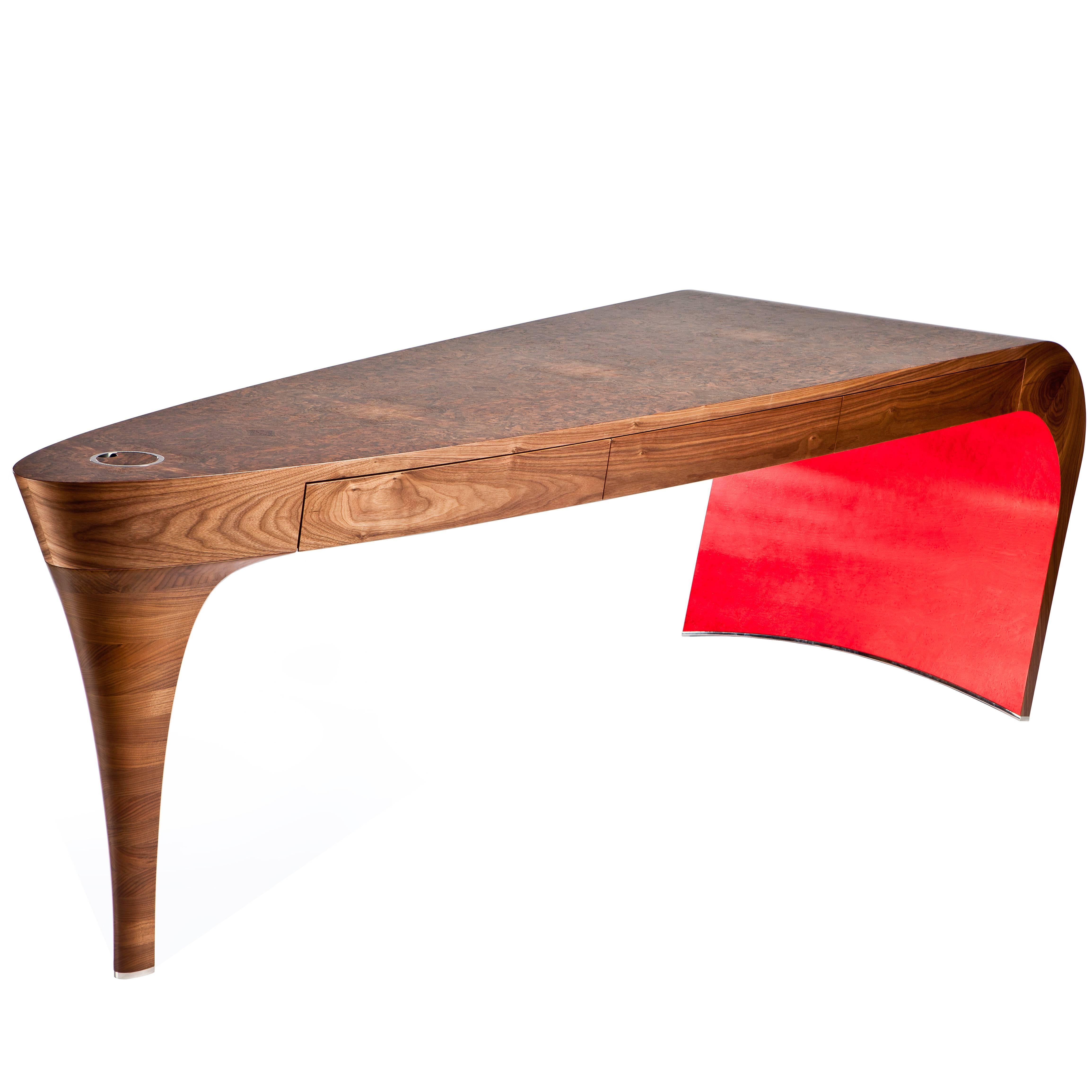 Walnut and Red Bird's-Eye Maple Stiletto Shoe Desk or Dressing Table For Sale