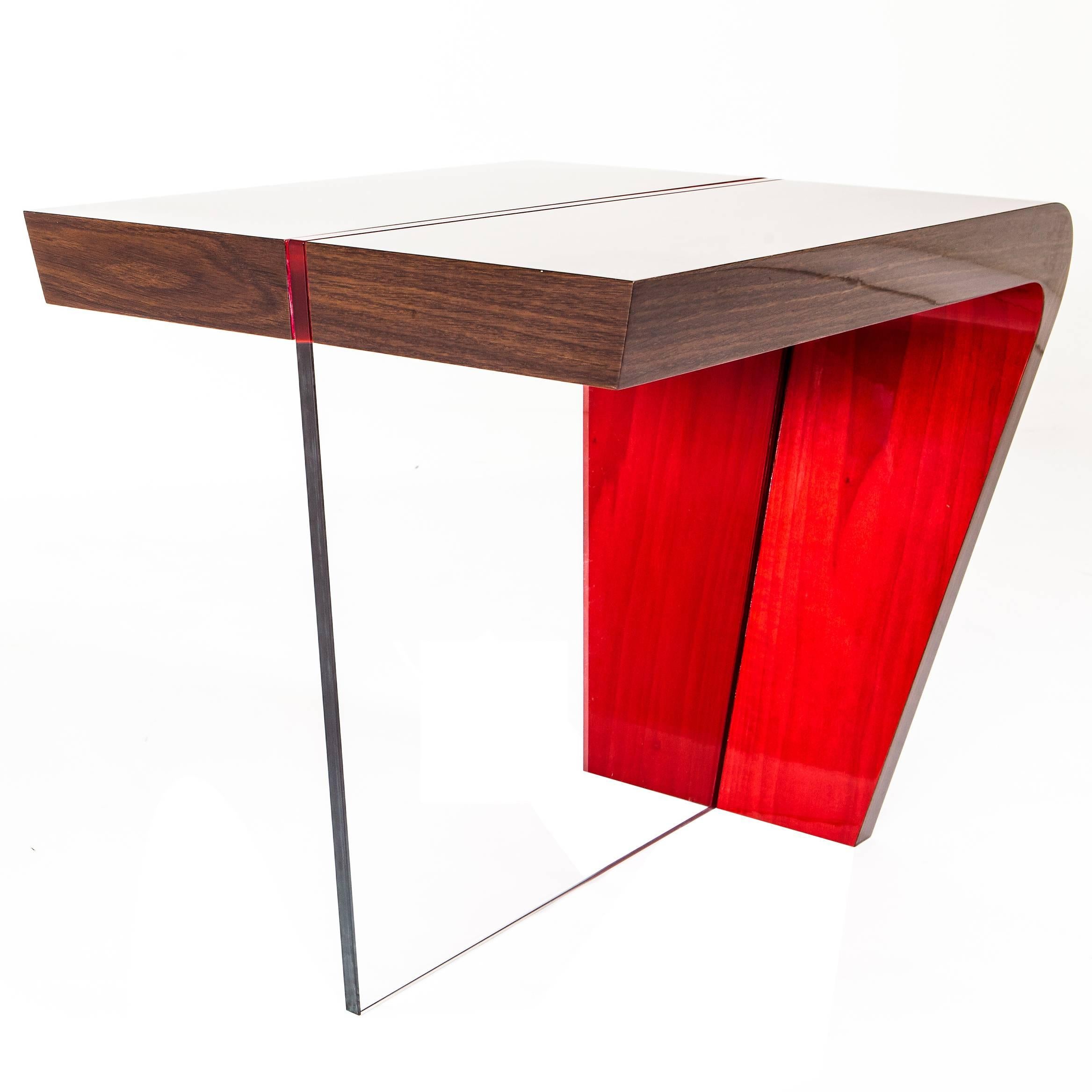 Contemporary Red and Lacquered Walnut End Table For Sale