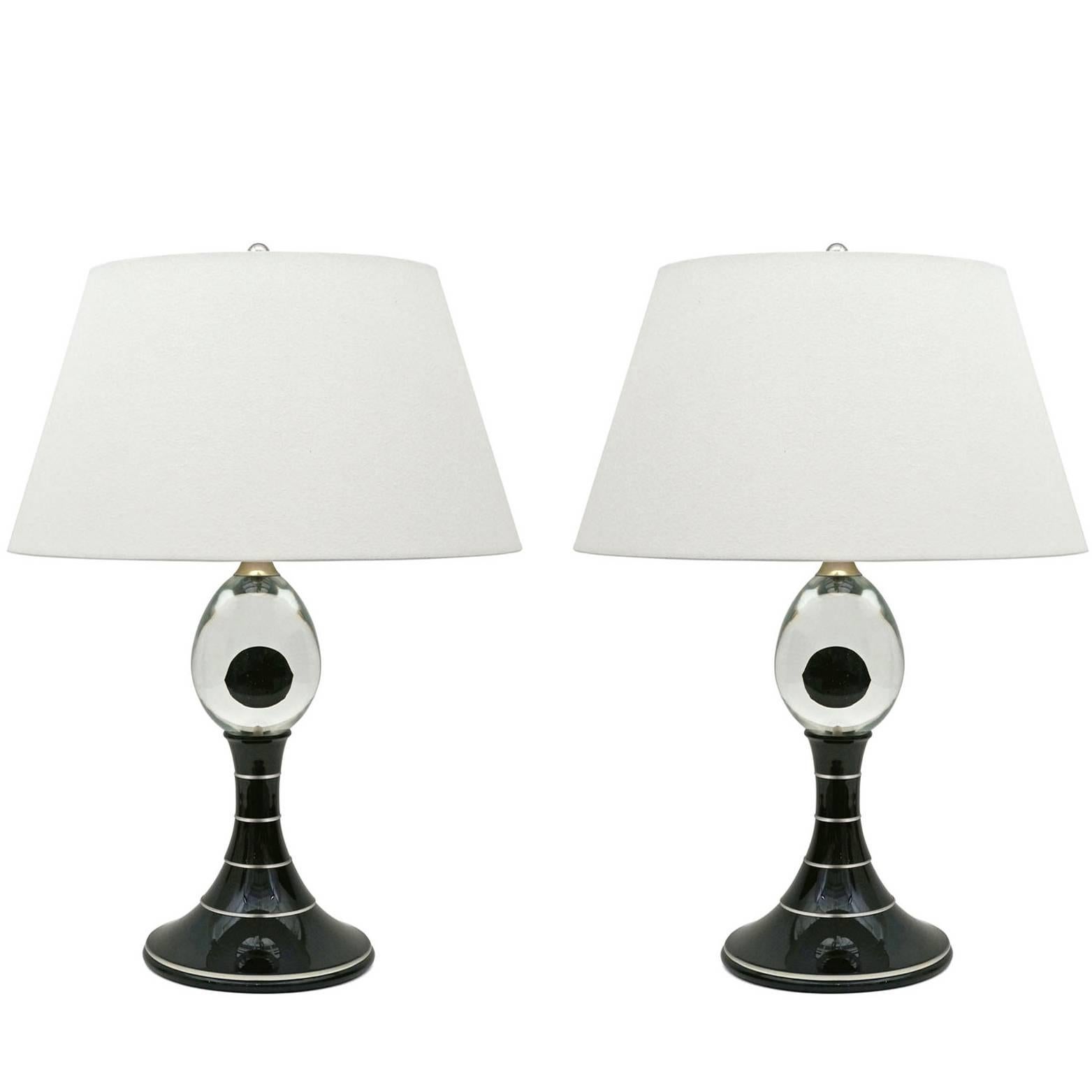 Pair of 1970s Black and Clear Glass Table Lamps with Flared Bases, France