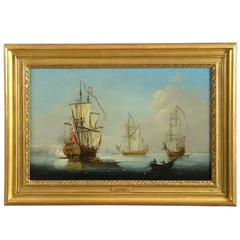 English Maritime Scene Painting, a Warship Firing a Salute