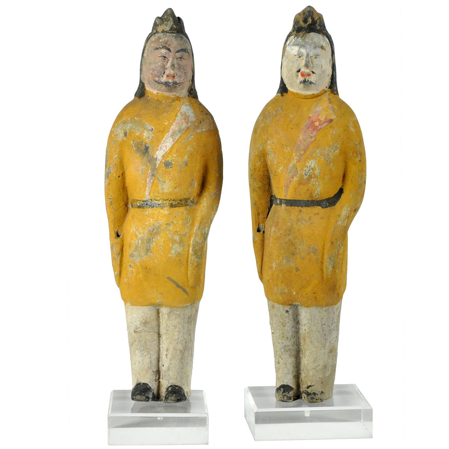 Ancient China pair Military officers handsome 1400 year old sculptures yellow