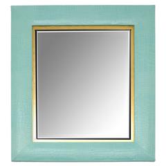 Contemporary Turquoise Crocodile Italian Leather Framed Mirror with Gold Details