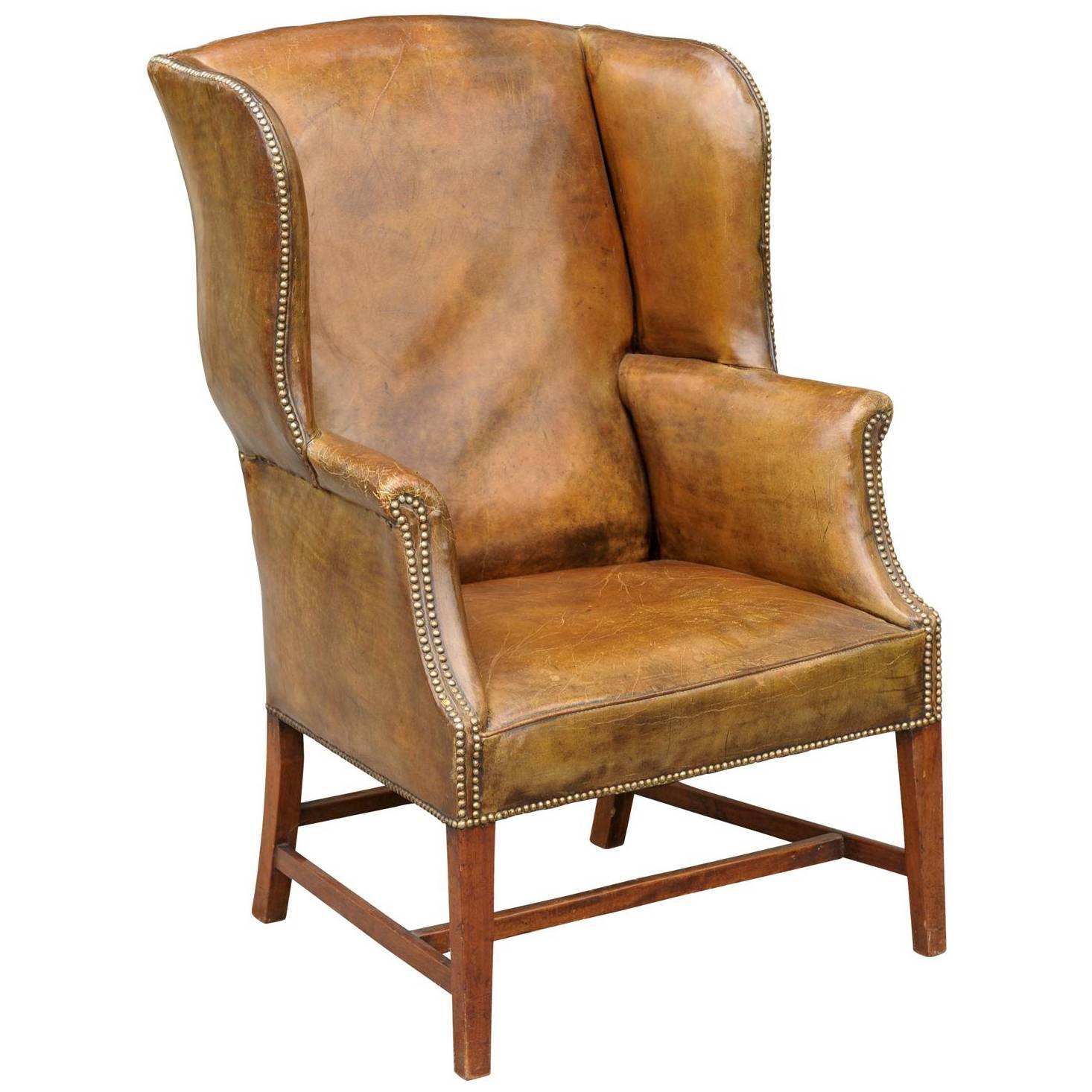 19 th c.English Leather Wing Chair