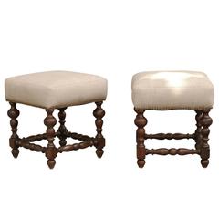 Pair of English 1870s Walnut Upholstered Stools with Turned Legs and Stretchers