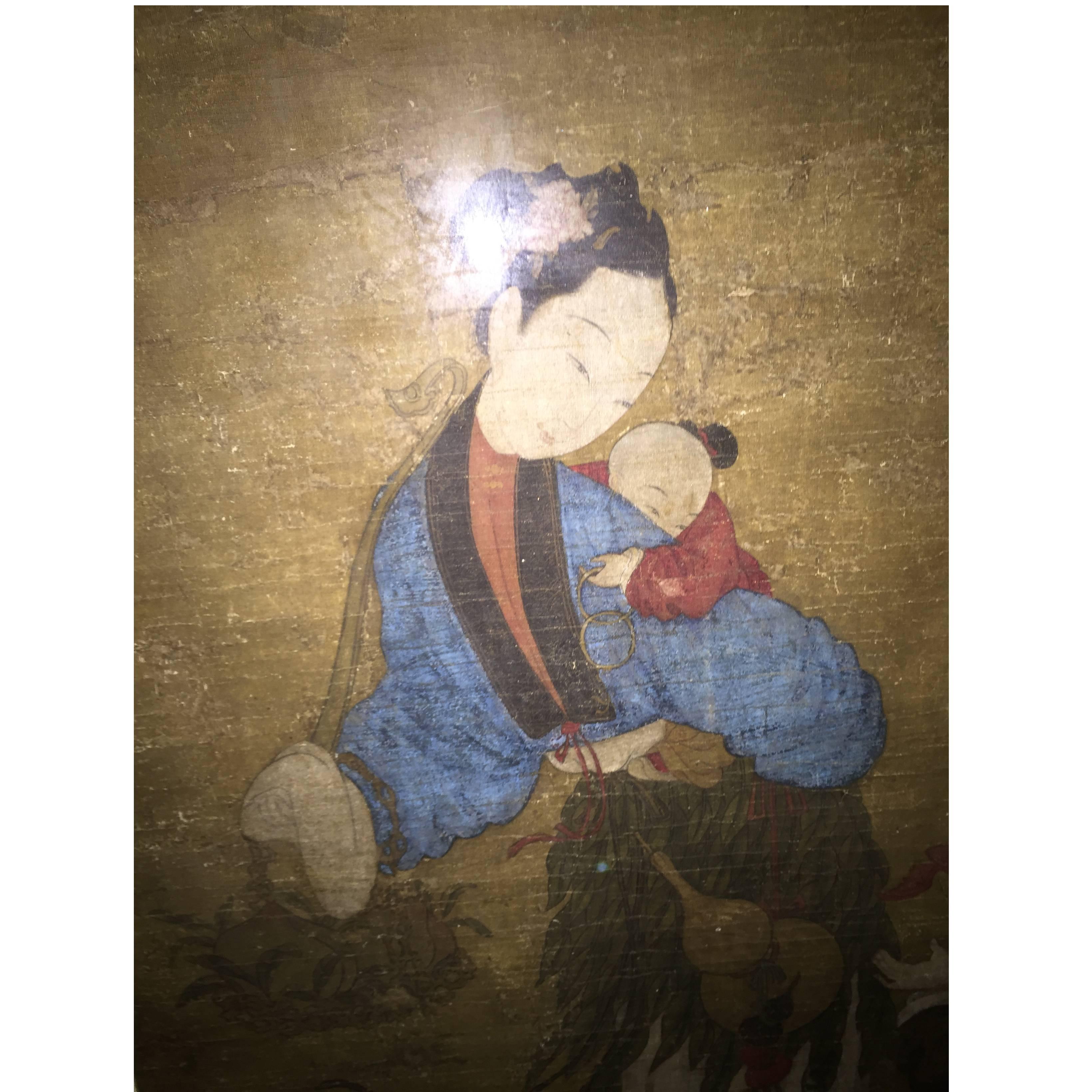 An old and charming framed Chinese painting, ink on silk of a female immortal with boys entitled Spirit Brings a Male Child to the House based upon the Han dynasty legend of Lady Wen Chi.

Signed:         Lo Long Ch'en Seal: Long Ch'en; Seal: Shou
