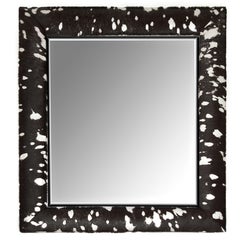 Contemporary Black and Silver Metallic Hair-on Hide Framed Beveled Mirror