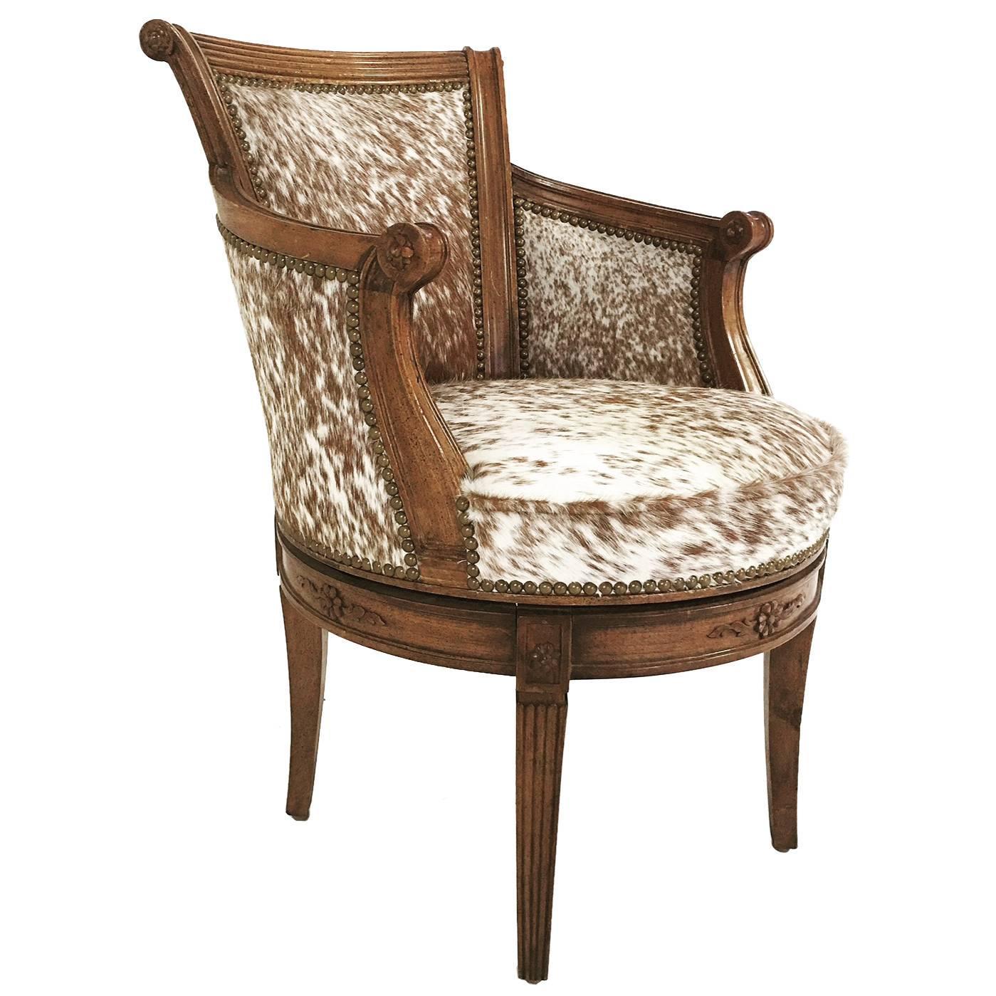 Vintage Swivel Chair in Brown and White Speckled Brazilian Cowhide at