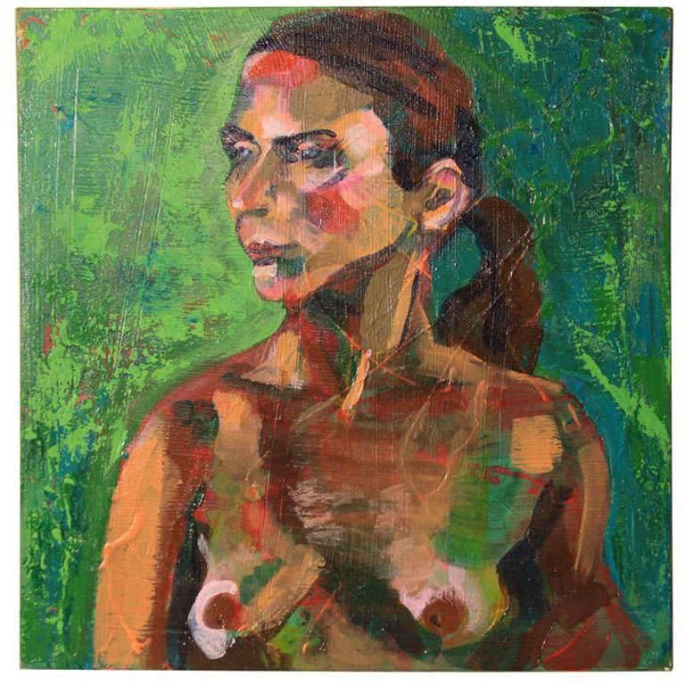 Nude Oil Painting in Green For Sale