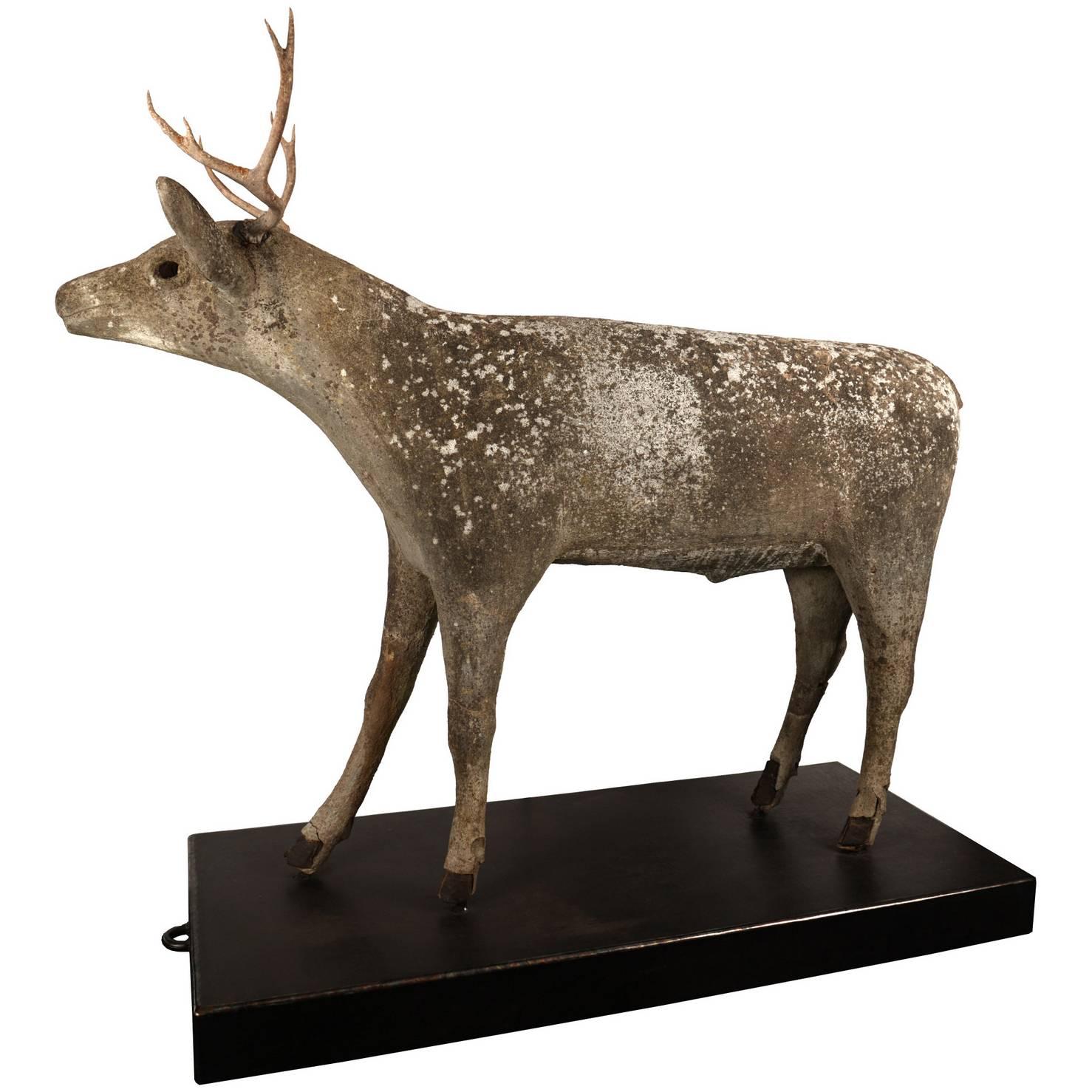 Early Century Lifesize Concrete Deer on a Rolling Steel Platform For Sale