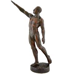 Olympic Salute, Art Deco Bronze Male Nude Athlete by A. David, 1925