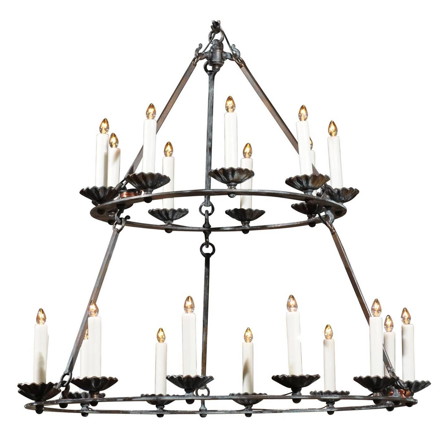 Custom Double Ring Wrought Iron Chandelier with Bronze Finish