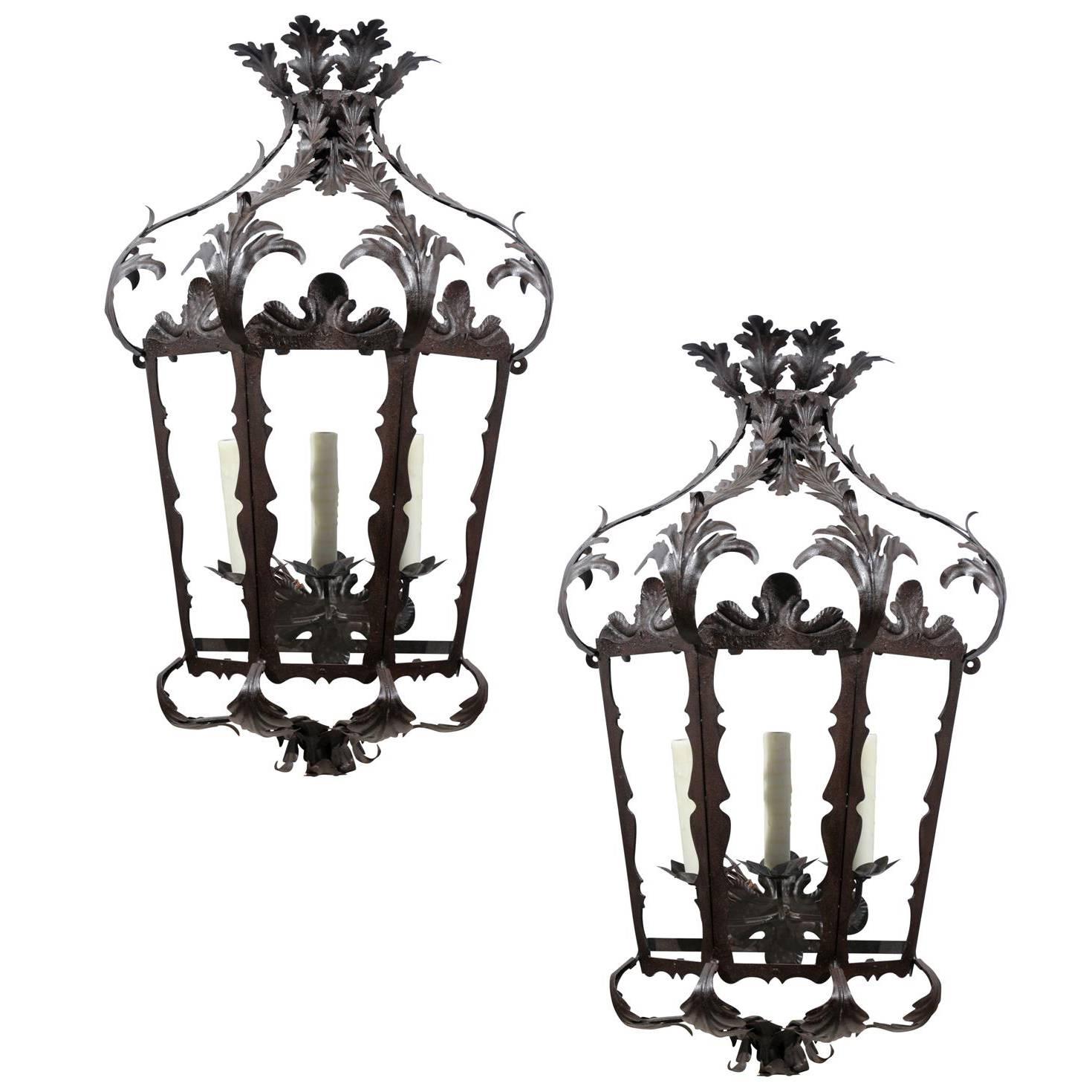 Pair of Italian Rococo Style Three-Light Wrought-Iron Lantern-Shaped Sconces For Sale