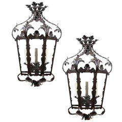 Pair of Italian Rococo Style Three-Light Wrought-Iron Lantern-Shaped Sconces