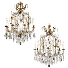 Two Italian Rock Crystal and Amethyst Eight-Light Chandeliers with Gilt Armature
