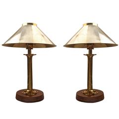 Pair of Brass and Teak Table Lamps from Ship's Stateroom