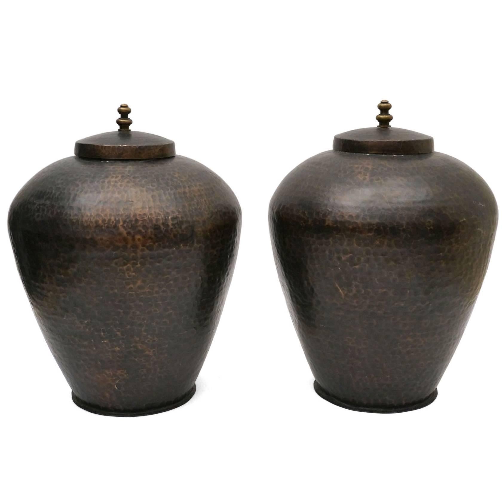 Large Pair of Hammered Copper Urns with Lids, Spain, circa 1960 For Sale