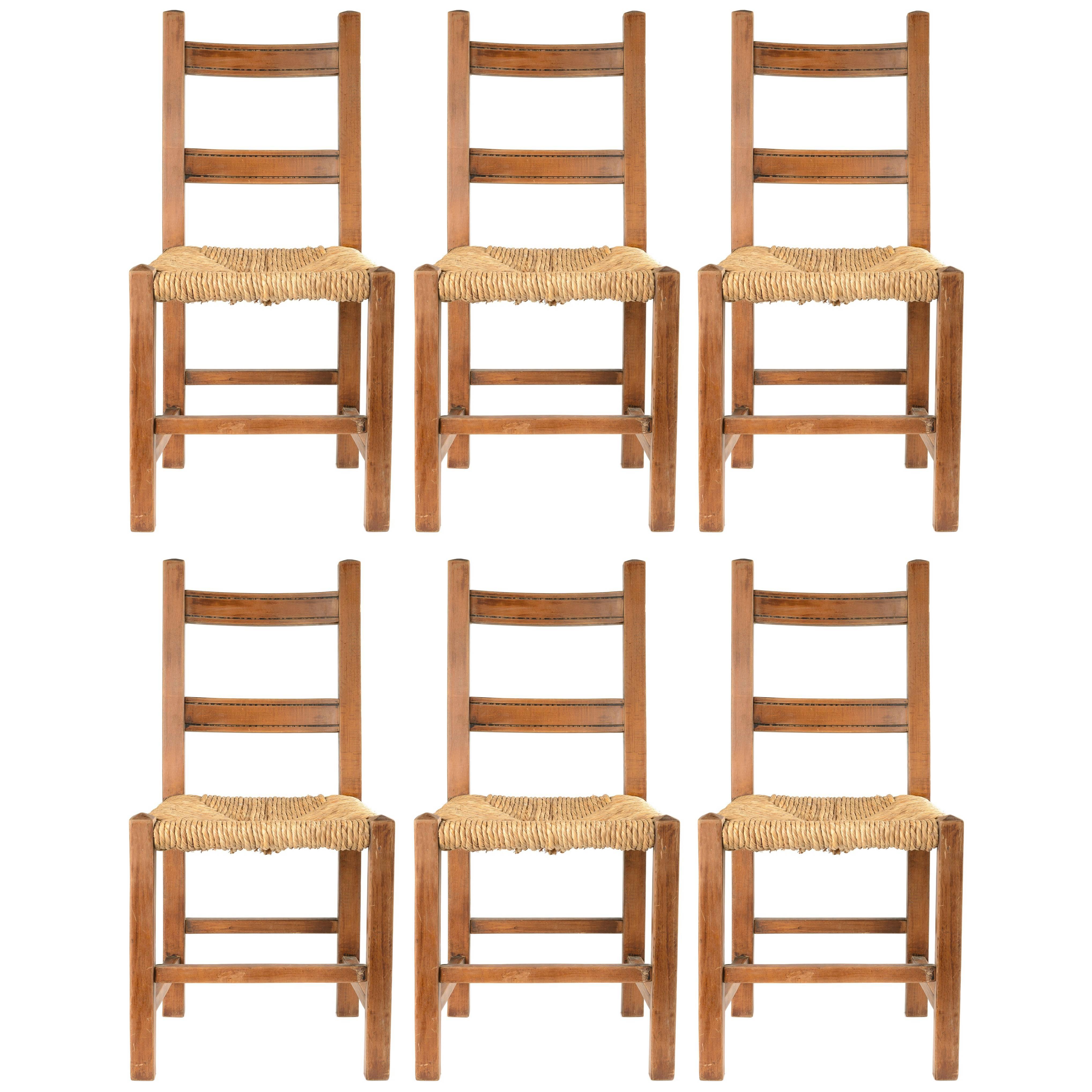 19th Century Rustic Belgian Handcrafted Ladder Back Chair Set