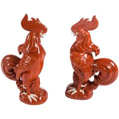 Vintage Pair of Stylized Chinese Export Porcelain Roosters in Cinnabar Glaze