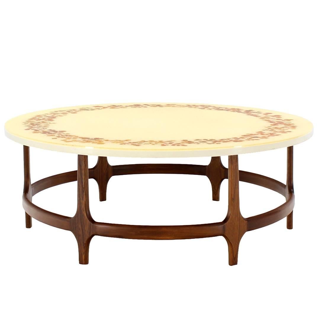 Decorative Mid-Century Modern Walnut Base Round Coffee Table For Sale