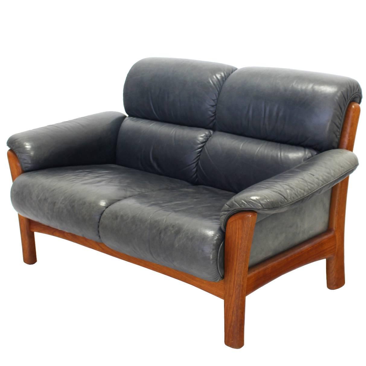 Leather And Solid Teak Mid Century Modern Danish Loveseat