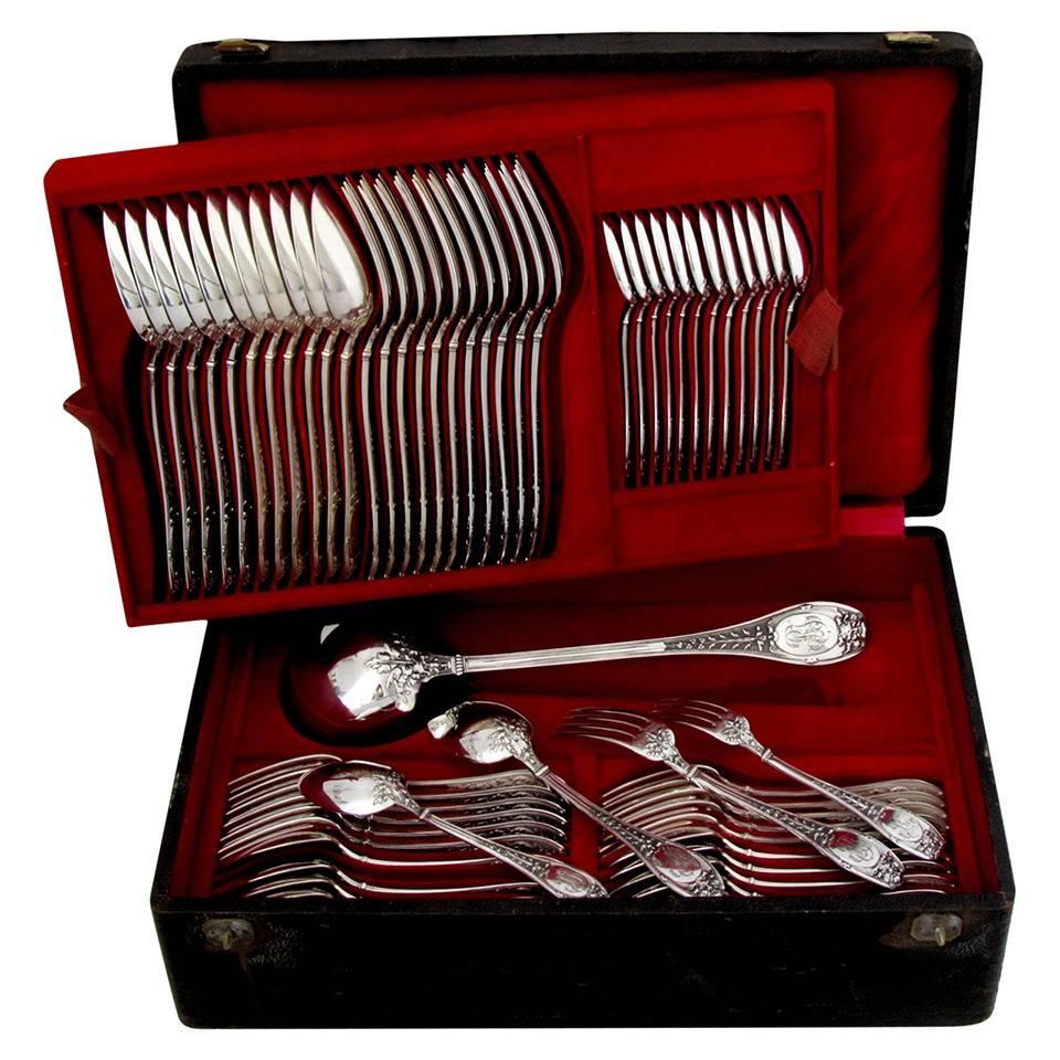 Henin Incredible French Sterling Silver Flatware Set of 61 Pieces Mascaron Chest For Sale