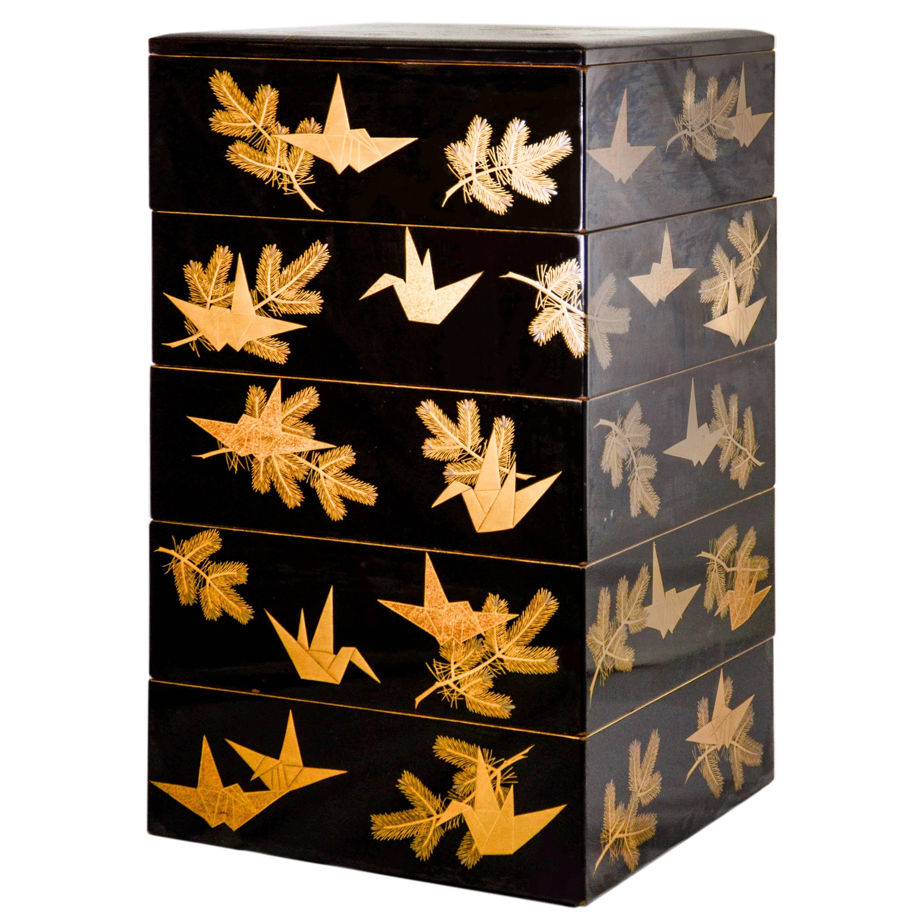 Antique Japanese Black Lacquer Obento Box with Gold Maki-e Decoration