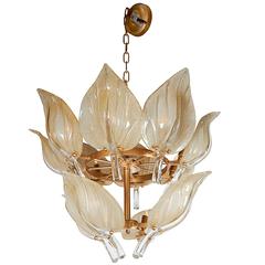 Mid-Century Chandelier with Gilt and Textured Murano Glass Leaves